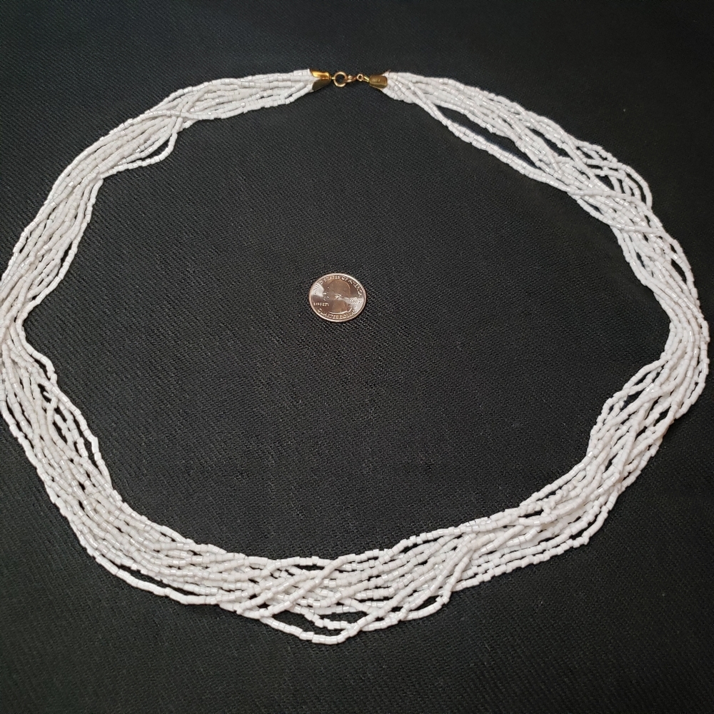 White Multi Strand Small Mini Beaded Collar Necklace